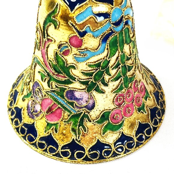 Cloisonne Vintage Bell Openwork Twisted Wire Enamel Navy Pink Brass Ornament - Picture 7 of 7